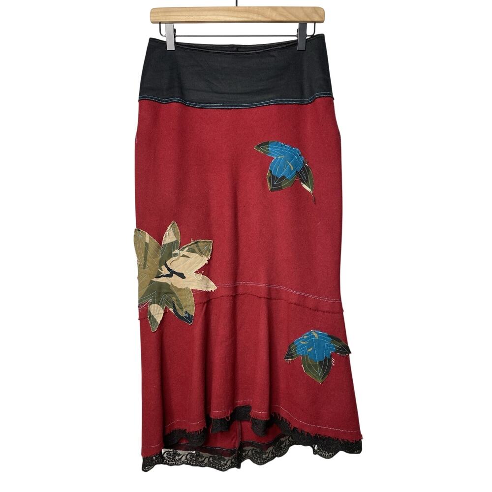 Cesar Arellanes Women's Large Midi Skirt Red Applique Boho Hippie Art to Wear